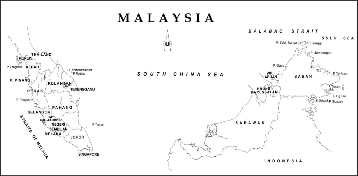 kart over skissere kart av malaysia med staten grenser